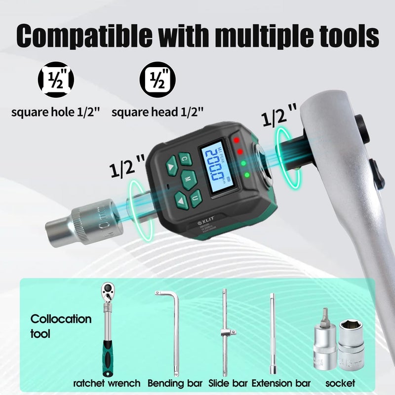 X-Lite 1/2“ Digital Torque Adapter Set with Socket Adapters (1/4", 3/8") - ±2% Accuracy, 7.4-147.5 ft-lb, Buzzer & LED Alerts, Working with Ratchet Wrench, Breaker Bar - For Automotive, Motorcycle & Car - Image 5